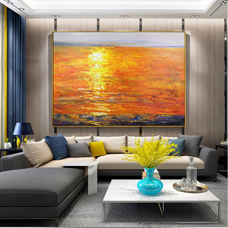 The Red Sea-Vibrant Sunset Ocean Oil Painting, Abstract Seascape Art for Home Decoration