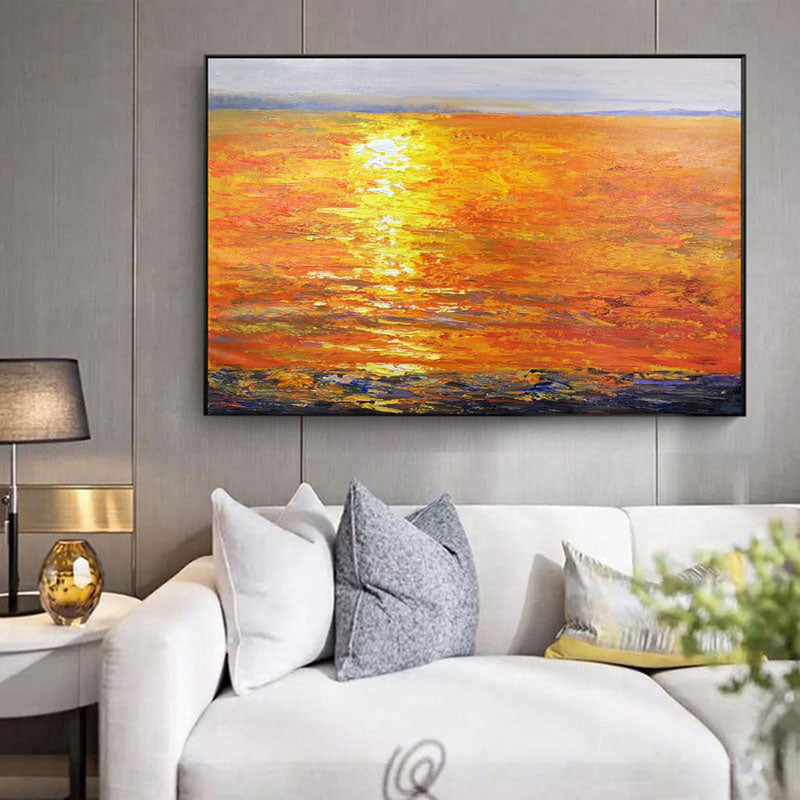 The Red Sea-Vibrant Sunset Ocean Oil Painting, Abstract Seascape Art for Home Decoration