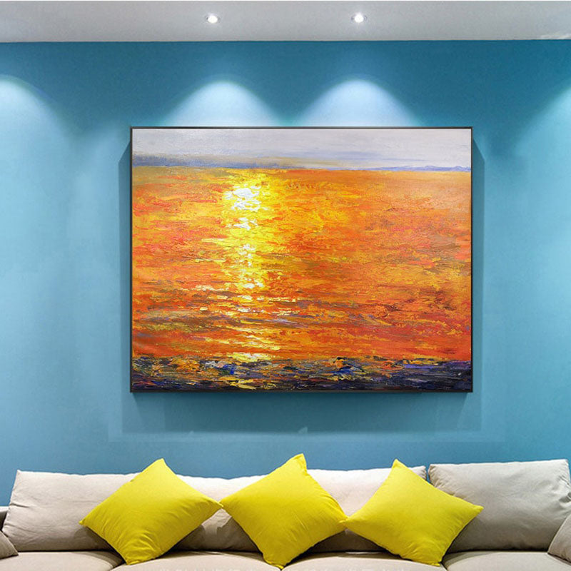 The Red Sea-Vibrant Sunset Ocean Oil Painting, Abstract Seascape Art for Home Decoration