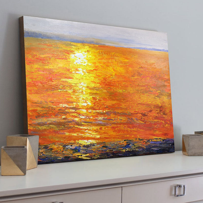 The Red Sea-Vibrant Sunset Ocean Oil Painting, Abstract Seascape Art for Home Decoration