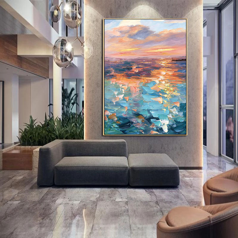 The Sea of Romance-Abstract Sunset Seascape Oil Painting, Vibrant Coastal Art for Home Decoration
