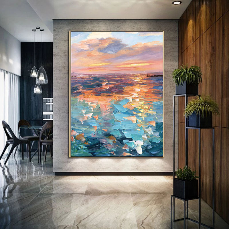 The Sea of Romance-Abstract Sunset Seascape Oil Painting, Vibrant Coastal Art for Home Decoration
