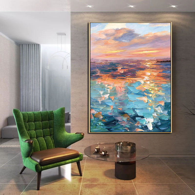 The Sea of Romance-Abstract Sunset Seascape Oil Painting, Vibrant Coastal Art for Home Decoration