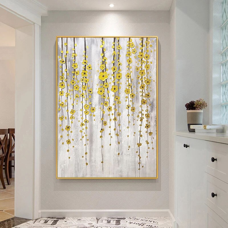 The Shiny Buttercup Flowers-Handmade Golden Hanging Flowers Wall Art - Modern Luxury Floral Painting for Home Decoration