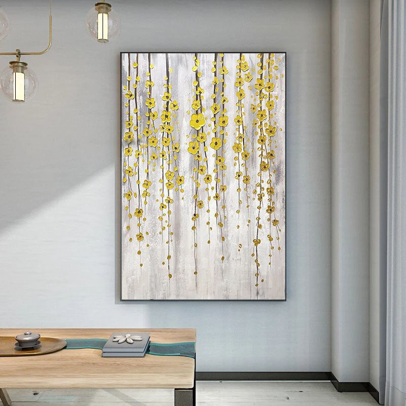 The Shiny Buttercup Flowers-Handmade Golden Hanging Flowers Wall Art - Modern Luxury Floral Painting for Home Decoration