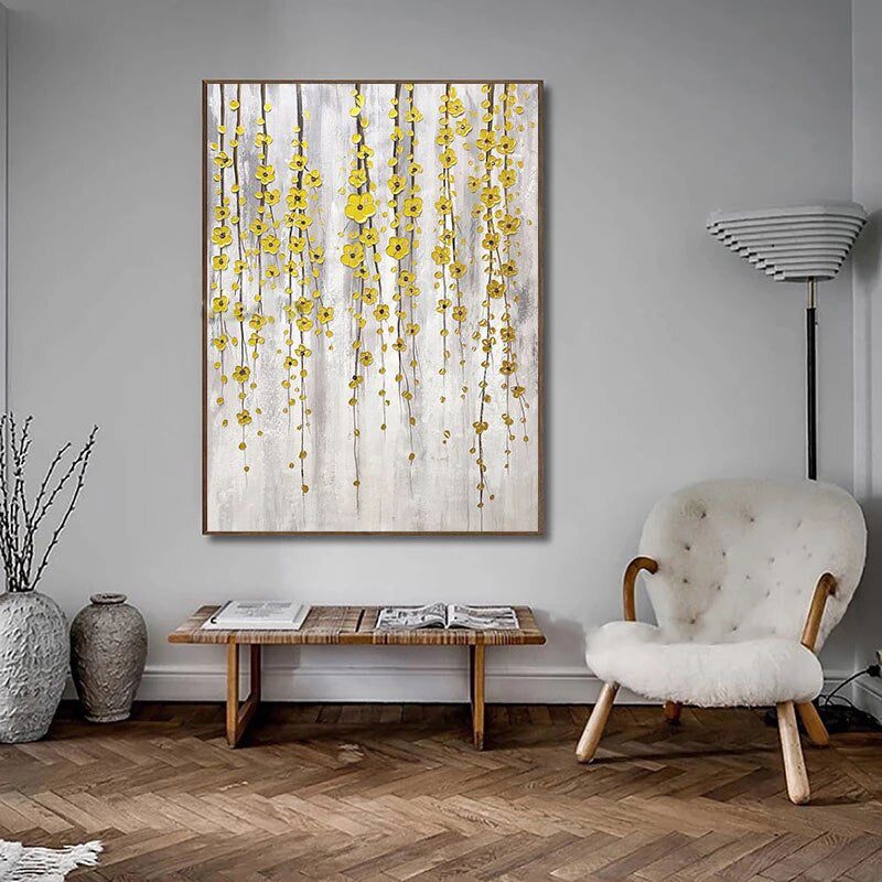 The Shiny Buttercup Flowers-Handmade Golden Hanging Flowers Wall Art - Modern Luxury Floral Painting for Home Decoration