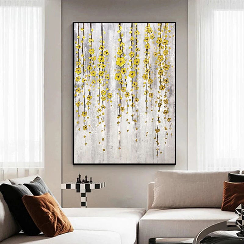 The Shiny Buttercup Flowers-Handmade Golden Hanging Flowers Wall Art - Modern Luxury Floral Painting for Home Decoration