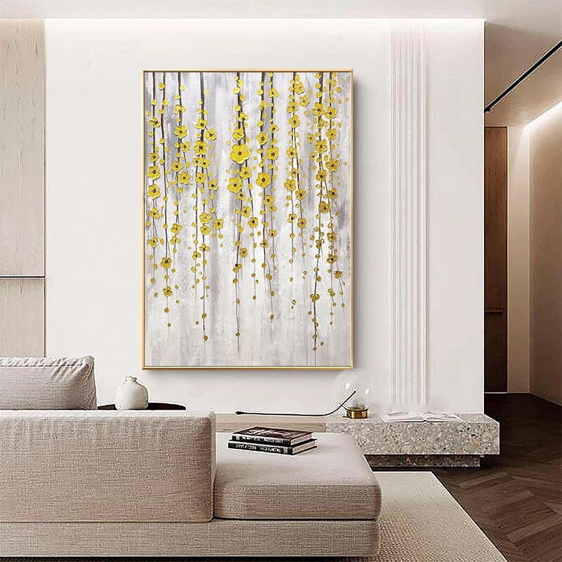 The Shiny Buttercup Flowers-Handmade Golden Hanging Flowers Wall Art - Modern Luxury Floral Painting for Home Decoration