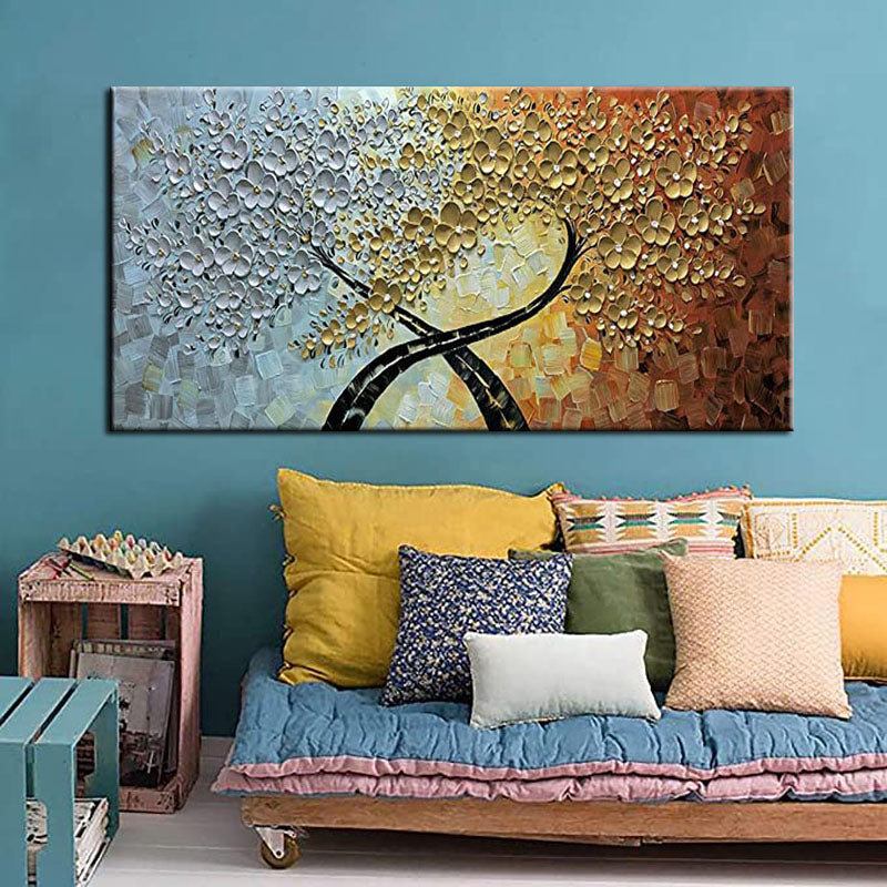 Trees of Life-Textured Abstract Painting with Silver-Blue, Gold & Orange Gradient