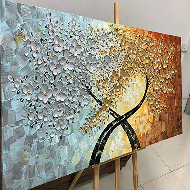 Trees of Life-Textured Abstract Painting with Silver-Blue, Gold & Orange Gradient