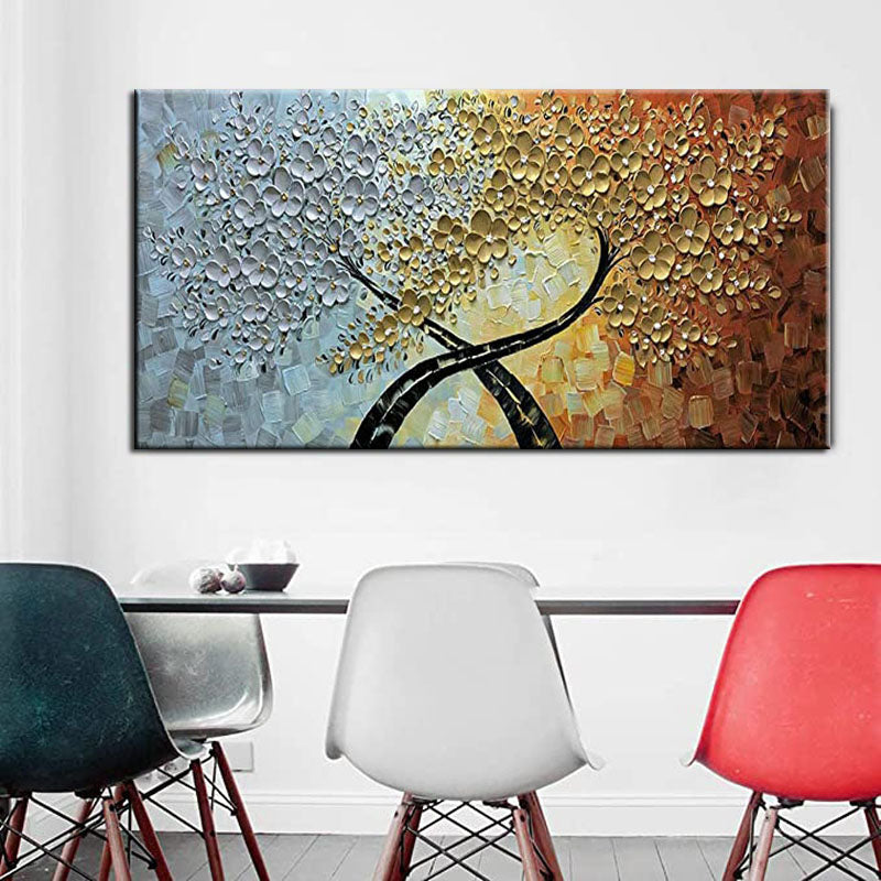 Trees of Life-Textured Abstract Painting with Silver-Blue, Gold & Orange Gradient