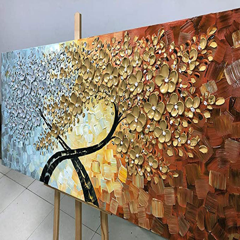 Trees of Life-Textured Abstract Painting with Silver-Blue, Gold & Orange Gradient