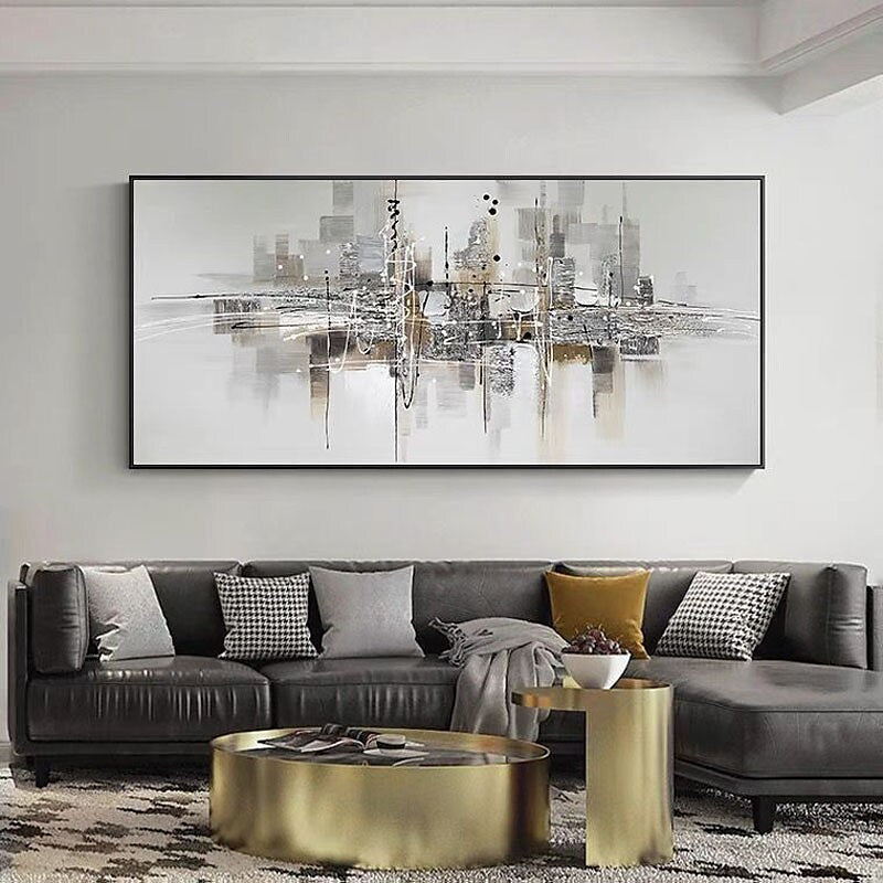 Urban Reflection-Abstract Cityscape Painting | Modern Skyline Wall Art on Panoramic Canvas
