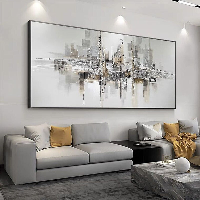 Urban Reflection-Abstract Cityscape Painting | Modern Skyline Wall Art on Panoramic Canvas