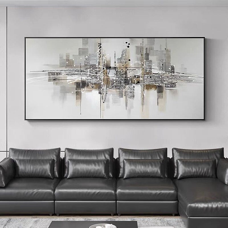 Urban Reflection-Abstract Cityscape Painting | Modern Skyline Wall Art on Panoramic Canvas
