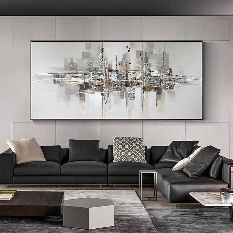 Urban Reflection-Abstract Cityscape Painting | Modern Skyline Wall Art on Panoramic Canvas