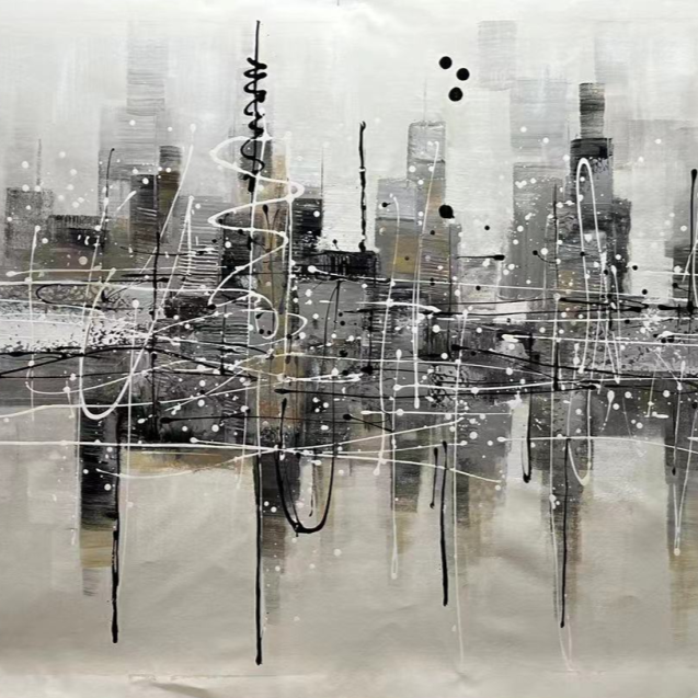 Urban Reflection-Abstract Cityscape Painting | Modern Skyline Wall Art on Panoramic Canvas