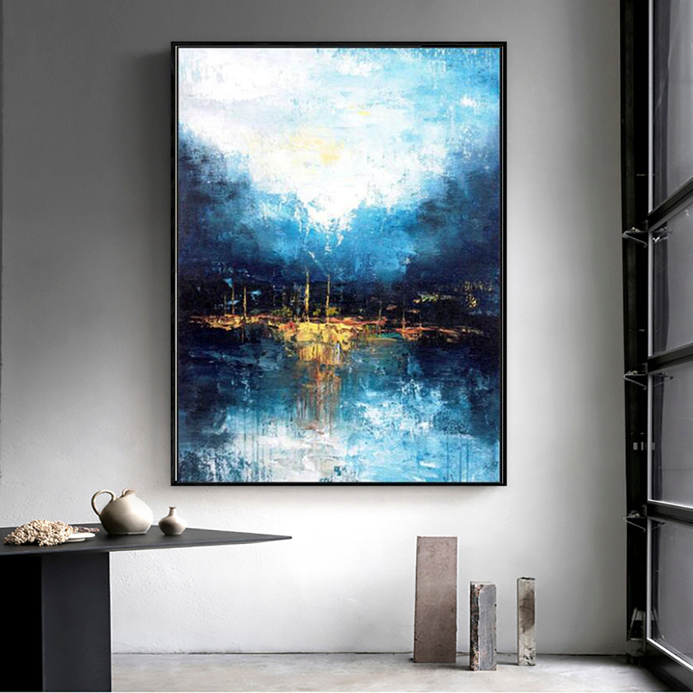 Walking by the Moonlight-Abstract Blue Water Reflection Wall Art - Framed Textured Home Decor