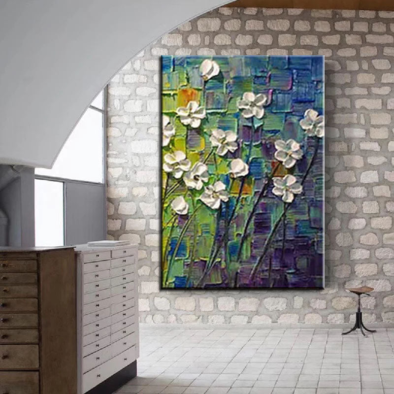 White Flowers on Blue-Textured Impasto Oil Painting, Abstract White Floral Art for Home Wall Decor