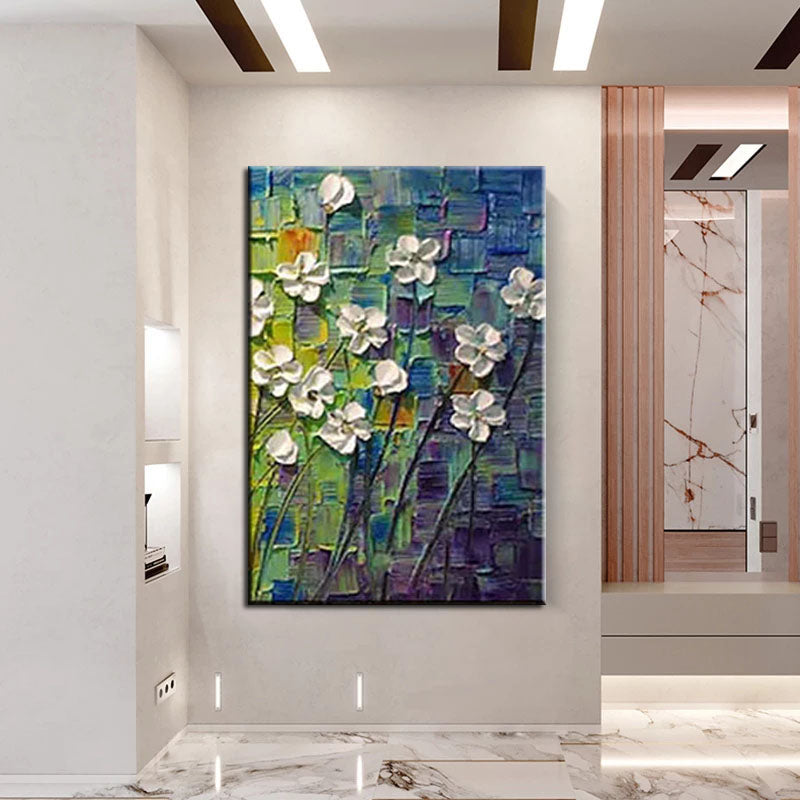 White Flowers on Blue-Textured Impasto Oil Painting, Abstract White Floral Art for Home Wall Decor