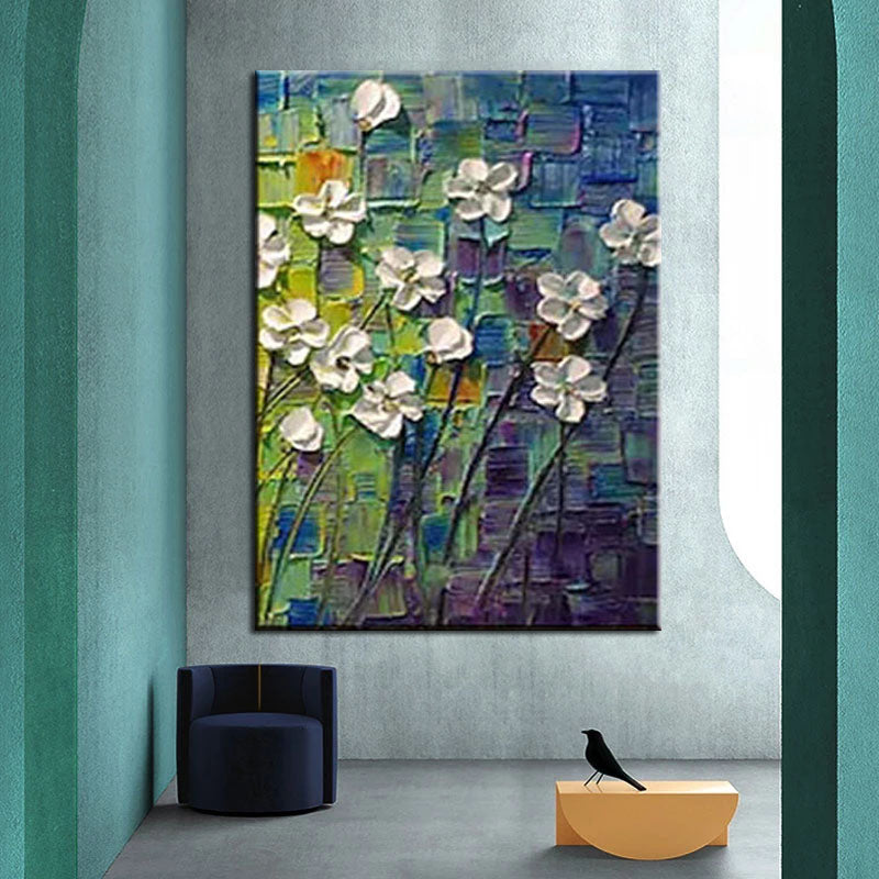 White Flowers on Blue-Textured Impasto Oil Painting, Abstract White Floral Art for Home Wall Decor