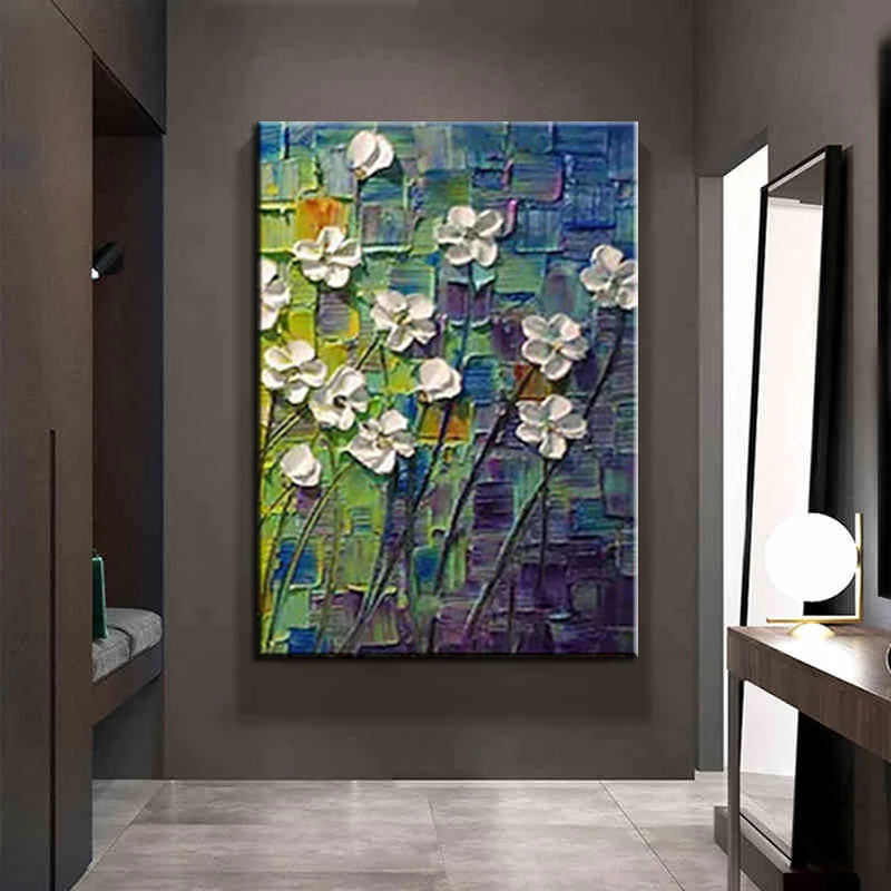 White Flowers on Blue-Textured Impasto Oil Painting, Abstract White Floral Art for Home Wall Decor