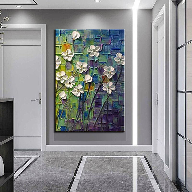 White Flowers on Blue-Textured Impasto Oil Painting, Abstract White Floral Art for Home Wall Decor