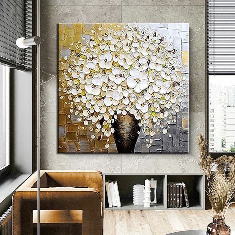 White Lily Vase-3D Textured White Flower Bouquet Oil Painting, Modern Floral Wall Art for Home Decoration