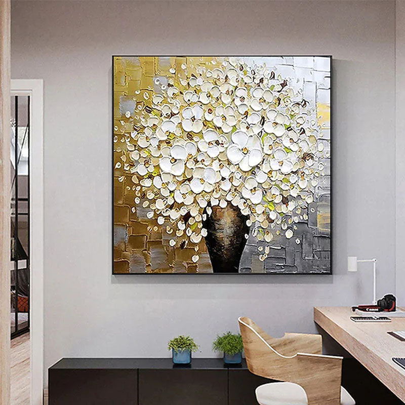 White Lily Vase-3D Textured White Flower Bouquet Oil Painting, Modern Floral Wall Art for Home Decoration