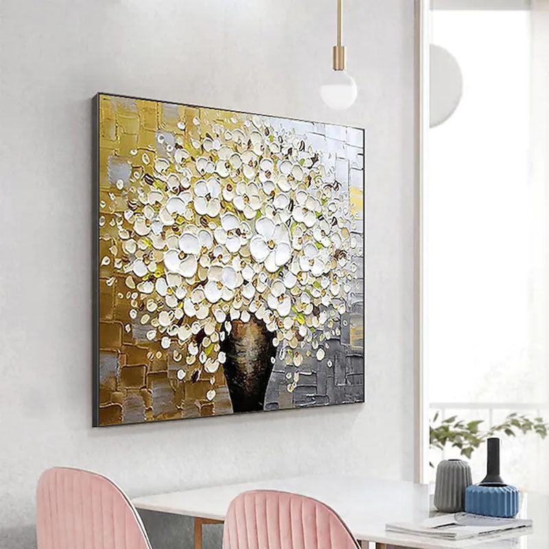 White Lily Vase-3D Textured White Flower Bouquet Oil Painting, Modern Floral Wall Art for Home Decoration