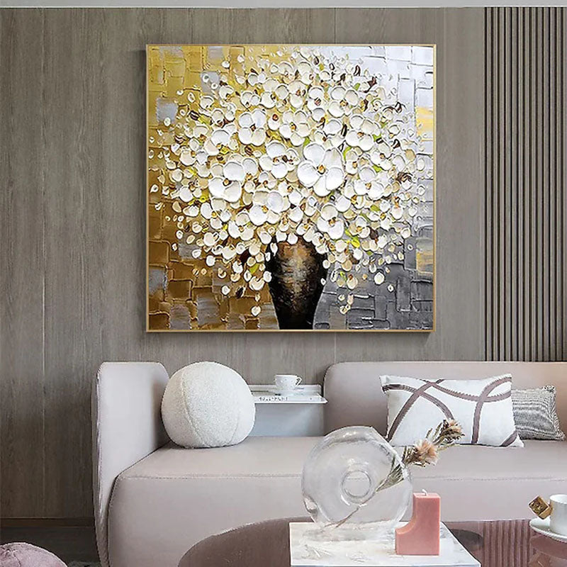 White Lily Vase-3D Textured White Flower Bouquet Oil Painting, Modern Floral Wall Art for Home Decoration