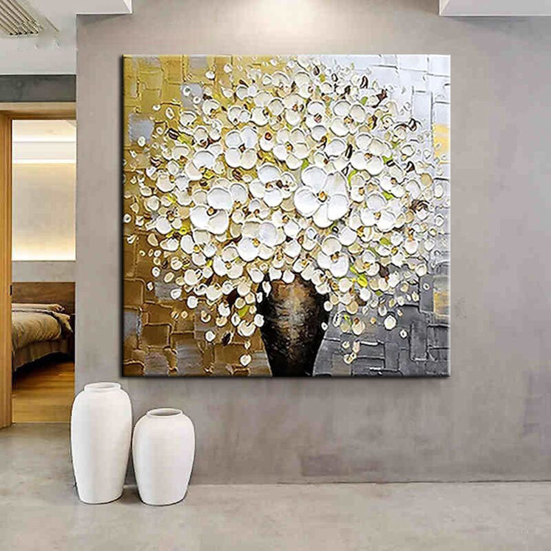 White Lily Vase-3D Textured White Flower Bouquet Oil Painting, Modern Floral Wall Art for Home Decoration