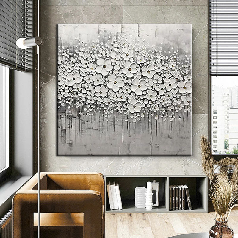 Winter Blossom-3D Textured Black and White Floral Oil Painting, Modern Wall Art for Home Decoration
