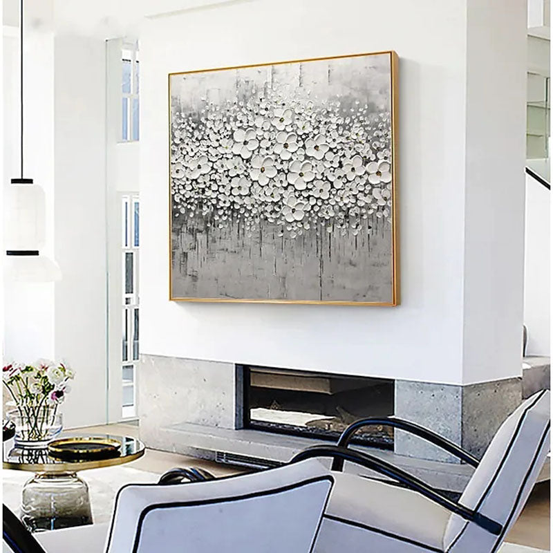 Winter Blossom-3D Textured Black and White Floral Oil Painting, Modern Wall Art for Home Decoration