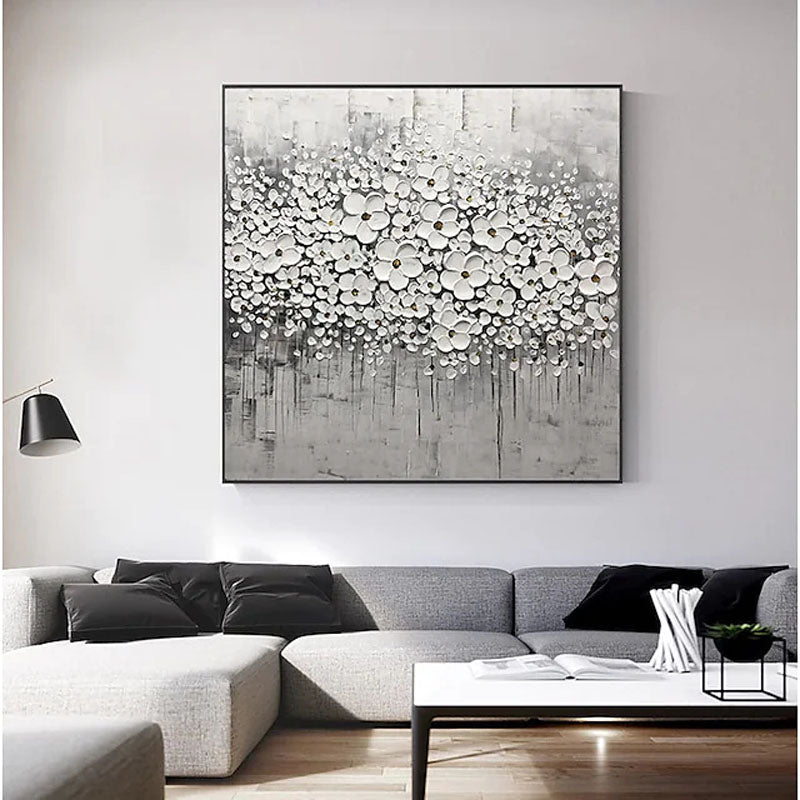 Winter Blossom-3D Textured Black and White Floral Oil Painting, Modern Wall Art for Home Decoration