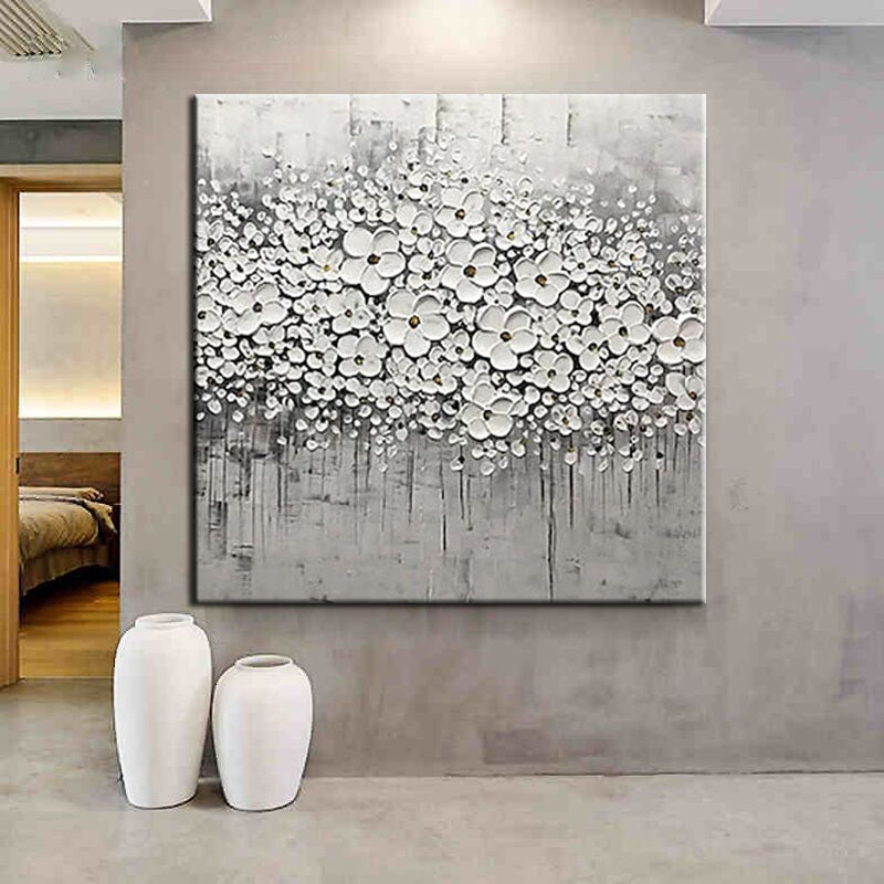Winter Blossom-3D Textured Black and White Floral Oil Painting, Modern Wall Art for Home Decoration