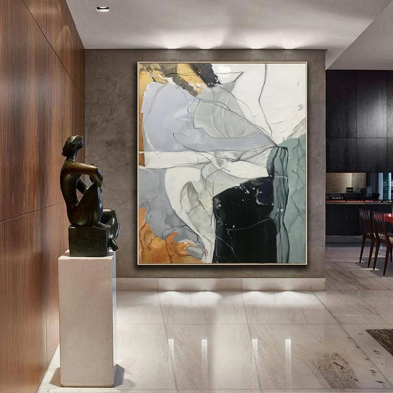Wisdom-Contrast and Serenity: Modern Abstract Oil Painting in Black, Gray, White