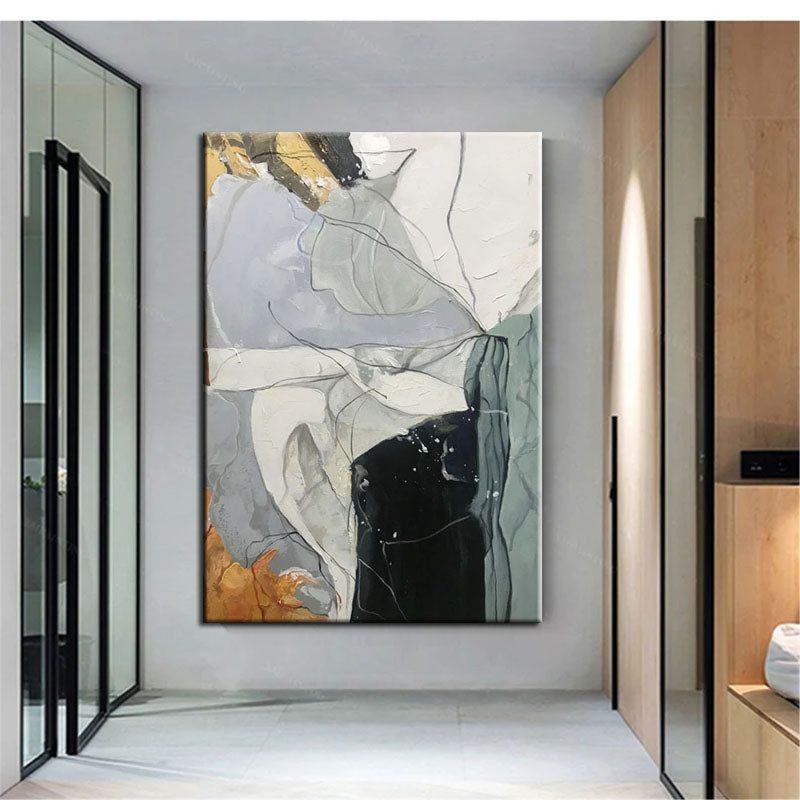 Wisdom-Contrast and Serenity: Modern Abstract Oil Painting in Black, Gray, White