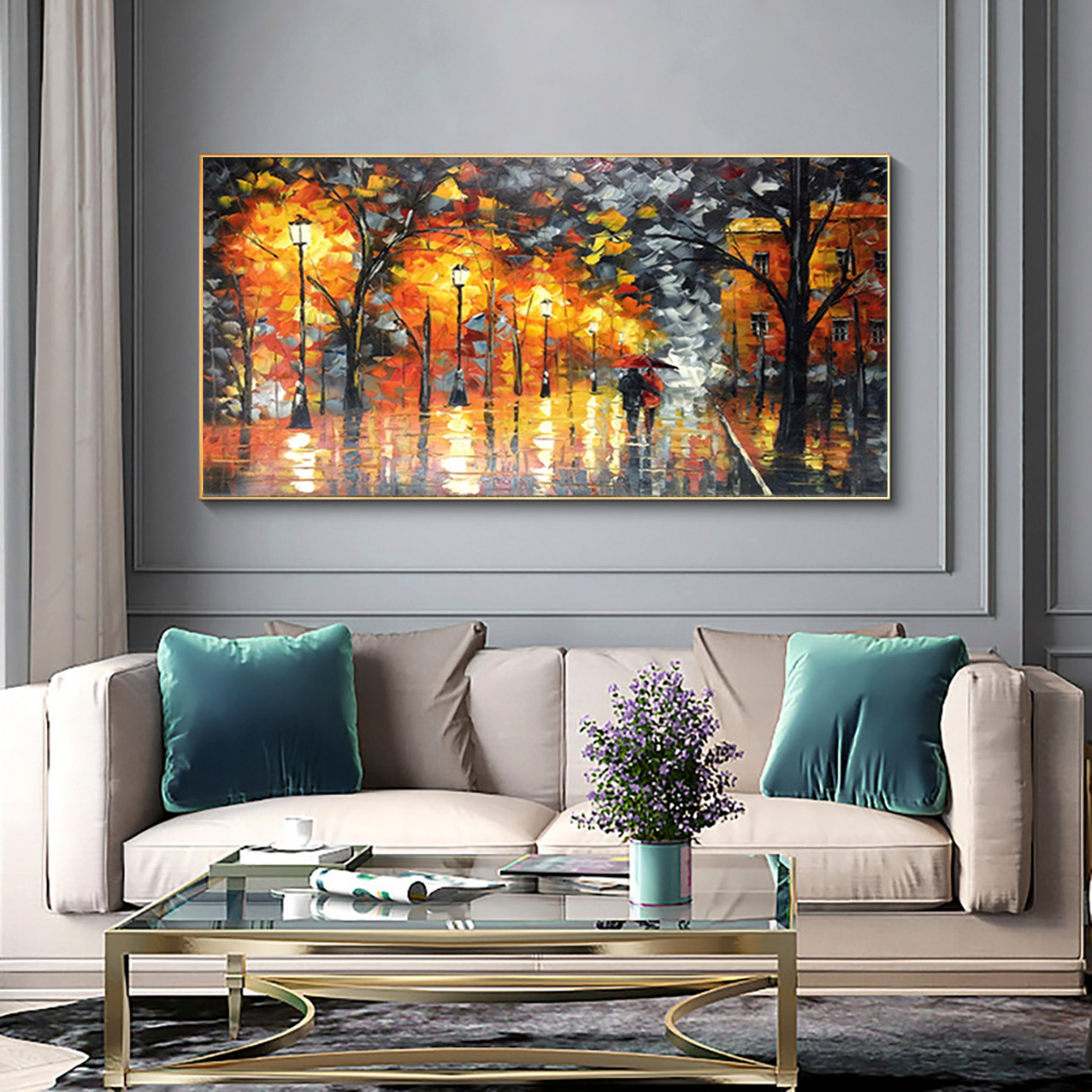 Autumn-Impressionist Rainy Night Street Oil Painting | Couple with Umbrella & Warm Lights Wall Art for Home Decor