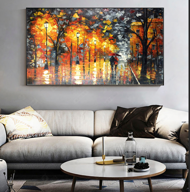Autumn-Impressionist Rainy Night Street Oil Painting | Couple with Umbrella & Warm Lights Wall Art for Home Decor