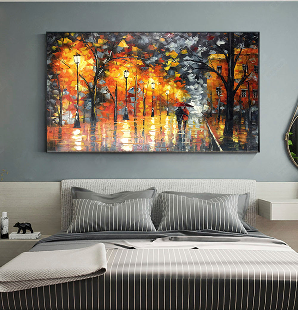 Autumn-Impressionist Rainy Night Street Oil Painting | Couple with Umbrella & Warm Lights Wall Art for Home Decor