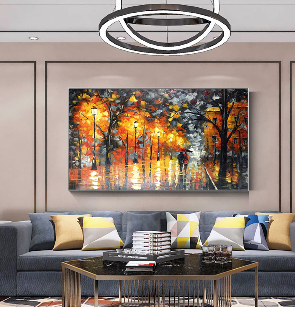 Autumn-Impressionist Rainy Night Street Oil Painting | Couple with Umbrella & Warm Lights Wall Art for Home Decor