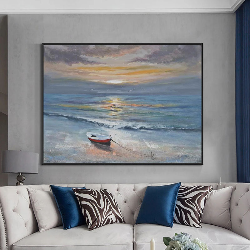 Castaway-Tranquil Beach Sunset Oil Painting: Nautical Small Boat Coastal Wall Art