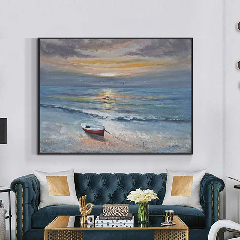 Castaway-Tranquil Beach Sunset Oil Painting: Nautical Small Boat Coastal Wall Art