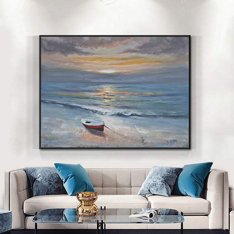 Castaway-Tranquil Beach Sunset Oil Painting: Nautical Small Boat Coastal Wall Art