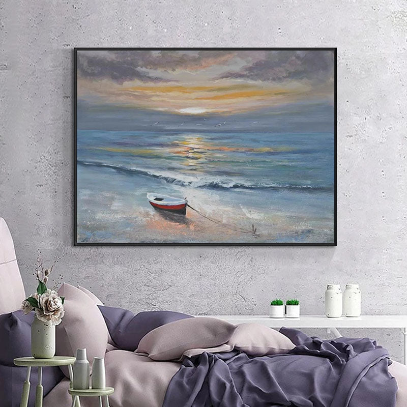 Castaway-Tranquil Beach Sunset Oil Painting: Nautical Small Boat Coastal Wall Art