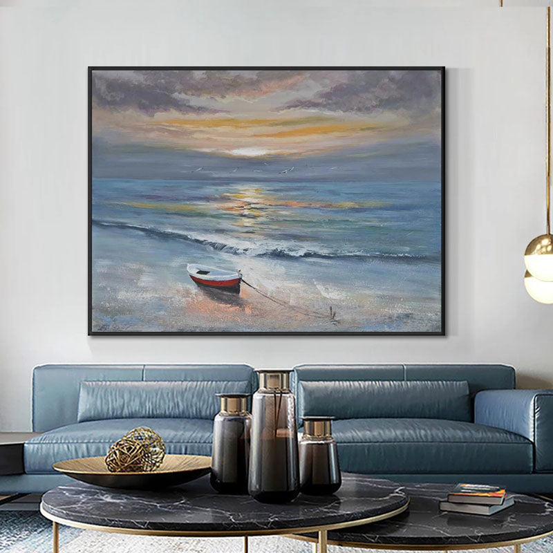 Castaway-Tranquil Beach Sunset Oil Painting: Nautical Small Boat Coastal Wall Art