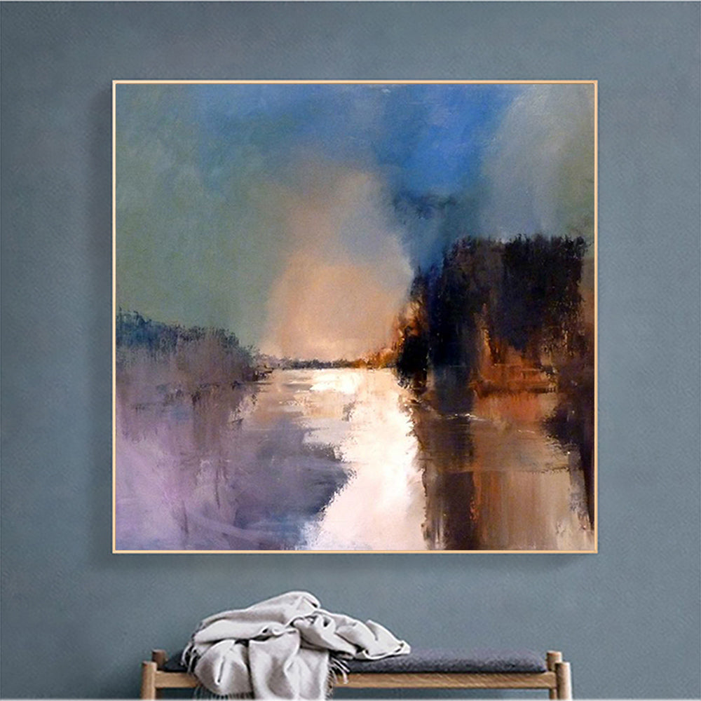 Coal-Impressionist River Landscape Painting - Serene Twilight Scene with Soft Color Blends