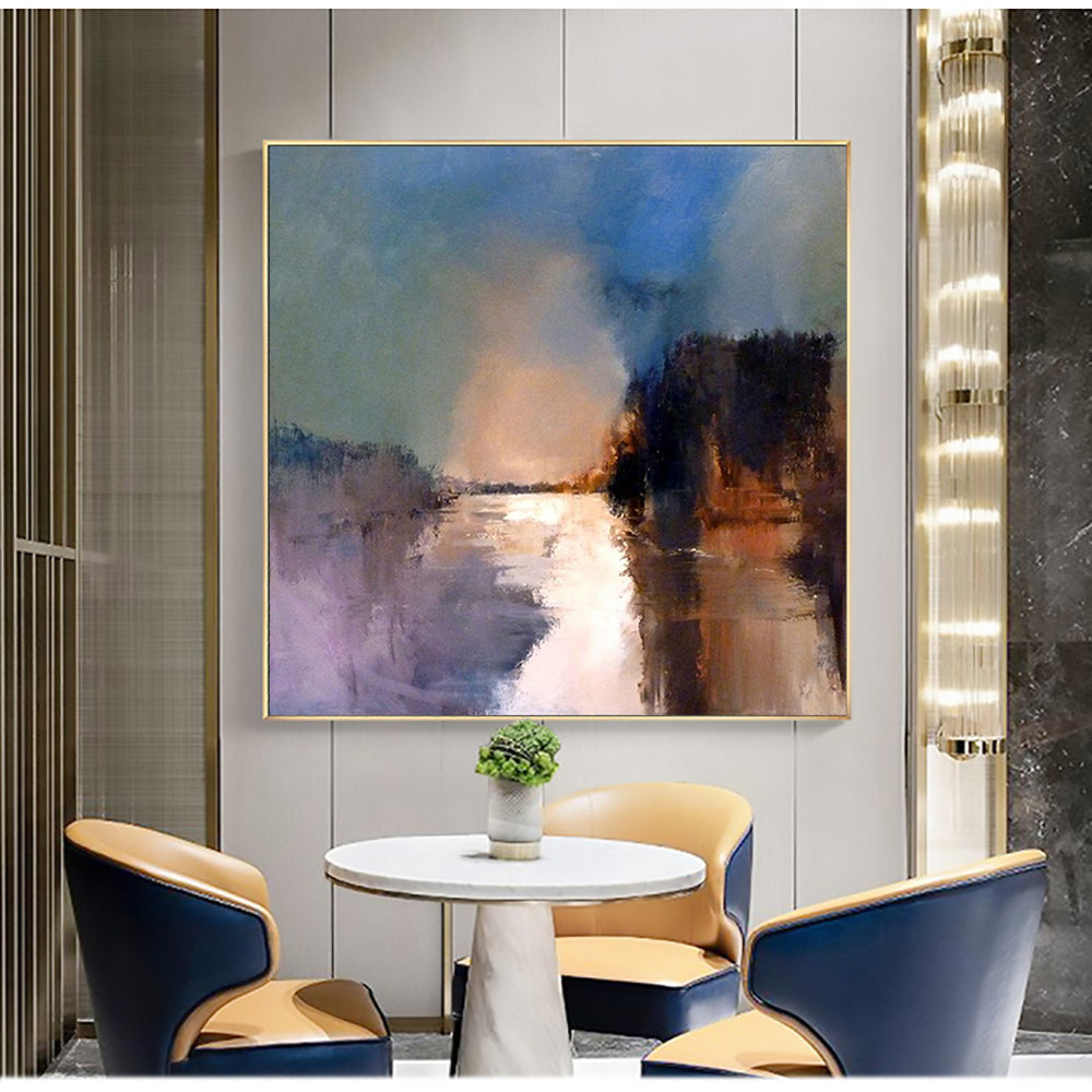 Coal-Impressionist River Landscape Painting - Serene Twilight Scene with Soft Color Blends