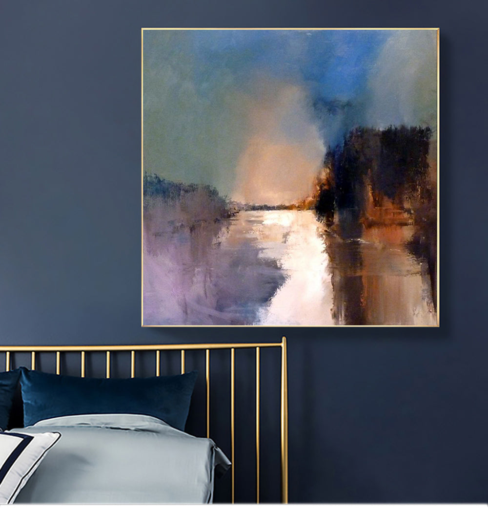 Coal-Impressionist River Landscape Painting - Serene Twilight Scene with Soft Color Blends